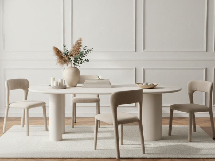 Ensemble CONSTANCE avec table à manger ovale 200 cm beige effet béton + 4 chaises PIA