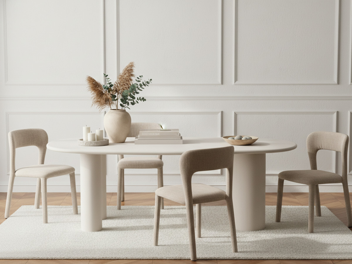 Ensemble CONSTANCE avec table à manger ovale 200 cm beige effet béton + 4 chaises PIA
