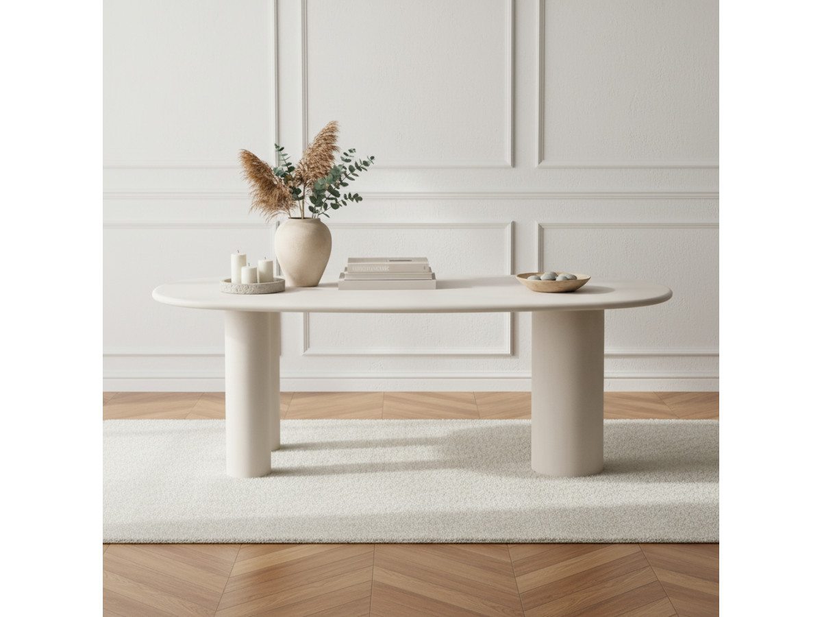 Ensemble CONSTANCE avec table à manger ovale 200 cm beige effet béton + 4 chaises PIA