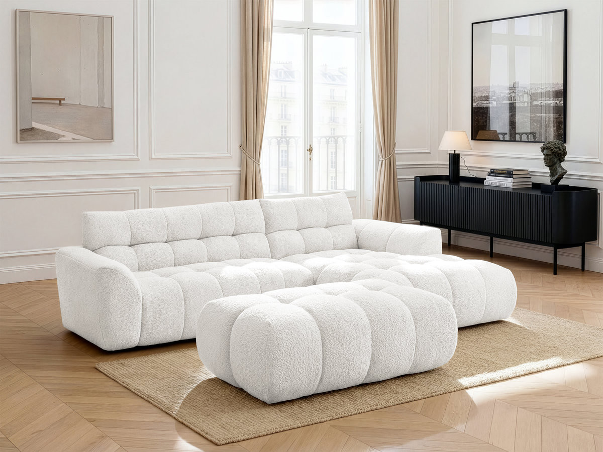 Canapé d'angle fixe JAYA tissu chenille avec pouf