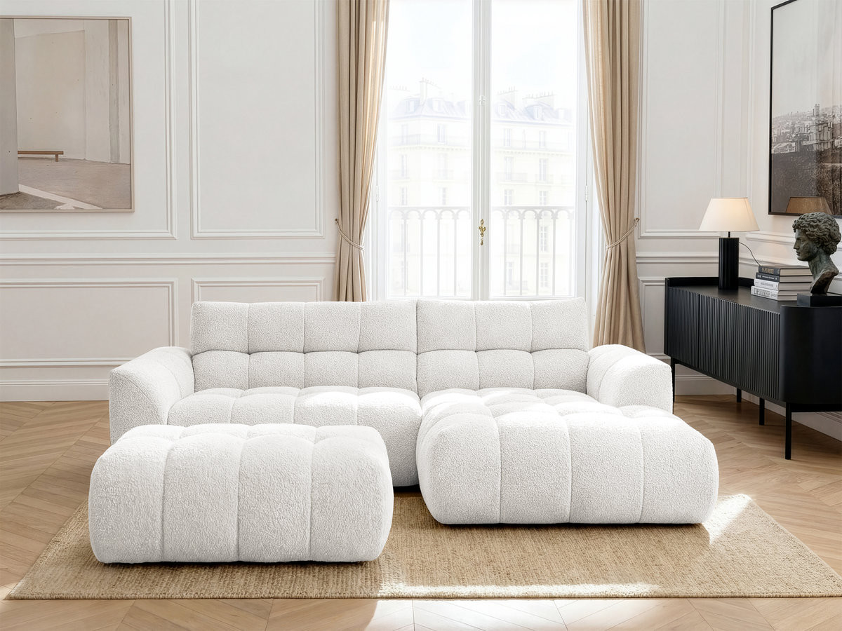 Canapé d'angle fixe JAYA tissu chenille avec pouf