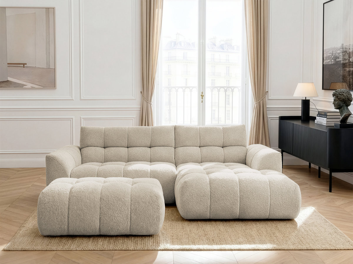 Canapé d'angle fixe JAYA tissu chenille avec pouf
