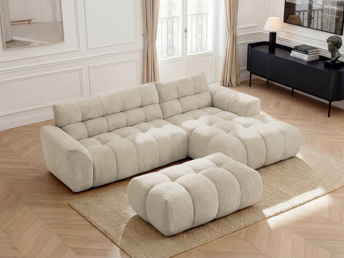 Canapé d'angle JAYA chenille avec pouf beige — vue 5
