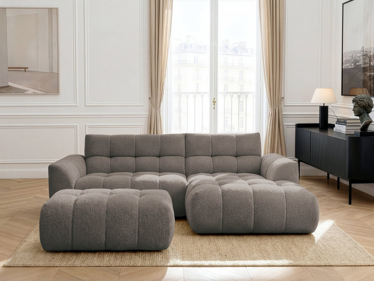 Canapé d'angle fixe JAYA tissu chenille avec pouf