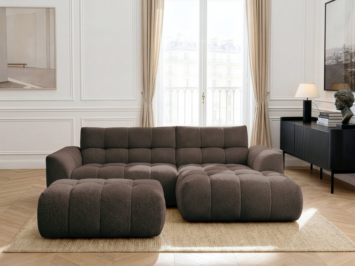 Canapé d'angle JAYA chenille avec pouf marron — vue 4