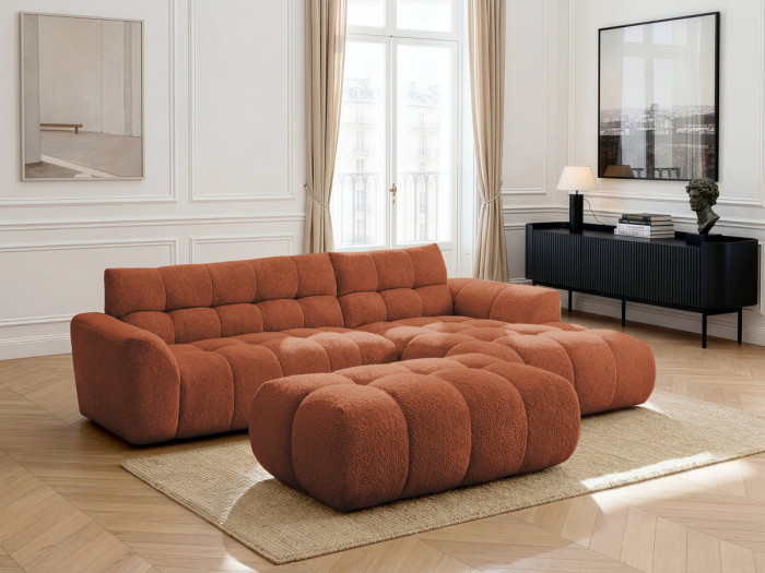 Canapé d'angle fixe JAYA tissu chenille avec pouf