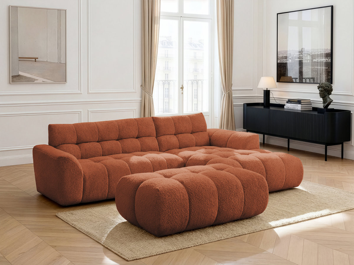 Canapé d'angle JAYA chenille avec pouf orange