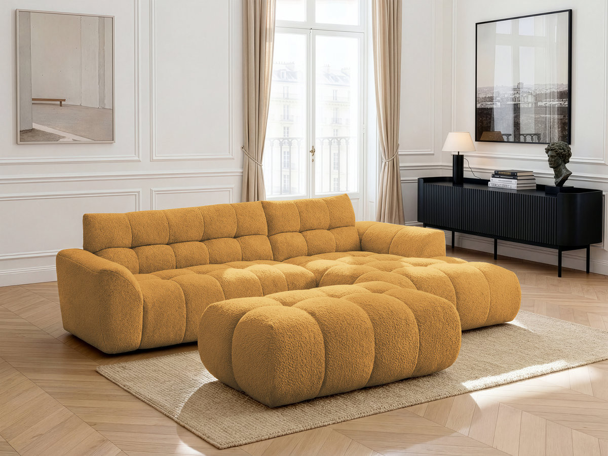 Canapé d'angle fixe JAYA tissu chenille avec pouf
