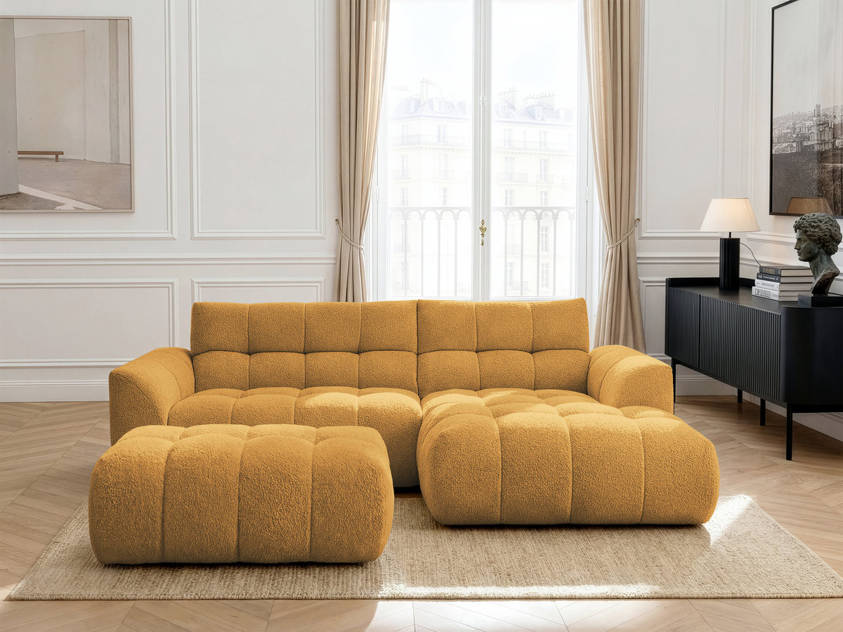 Canapé d'angle fixe JAYA tissu chenille avec pouf