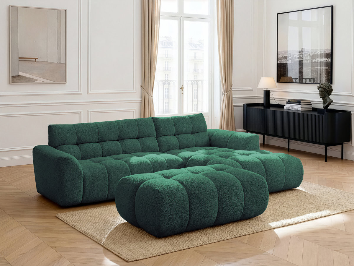 Canapé d'angle JAYA chenille avec pouf vert foncé
