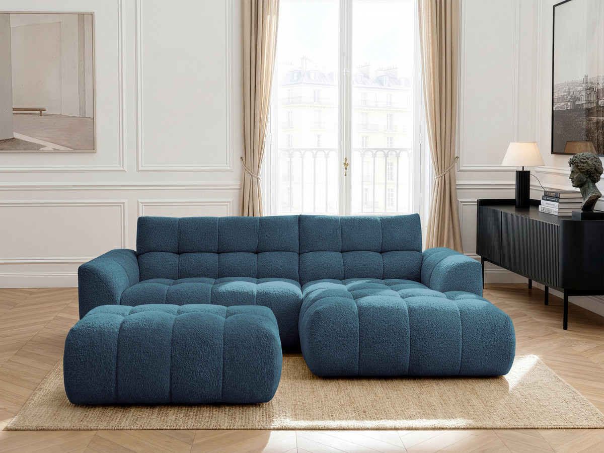 Canapé d'angle JAYA chenille avec pouf bleu clair — vue 4