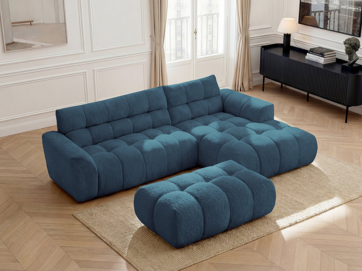 Canapé d'angle JAYA chenille avec pouf bleu clair — vue 5