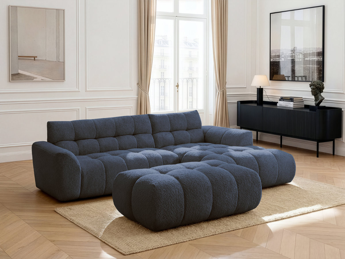 Canapé d'angle JAYA chenille avec pouf bleu foncé
