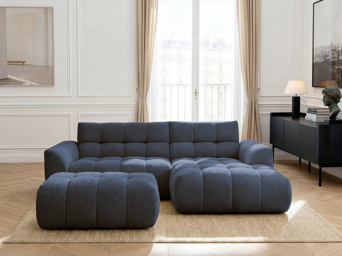 Canapé d'angle fixe JAYA tissu chenille avec pouf