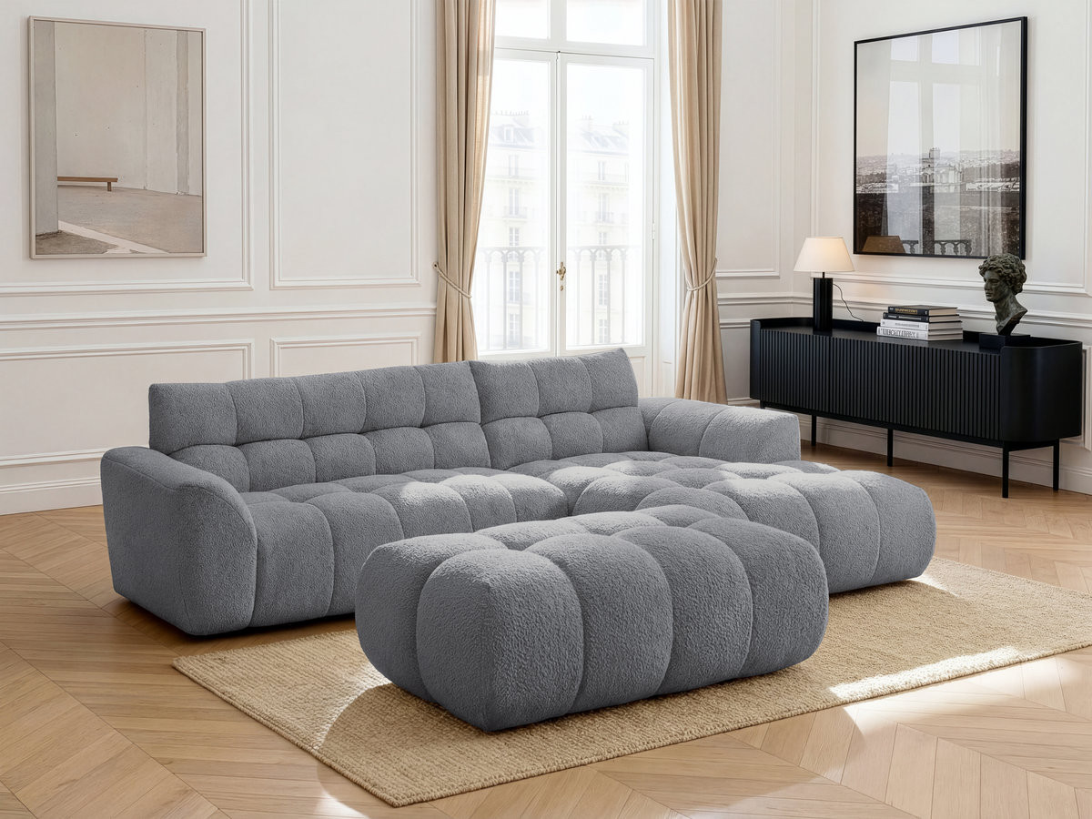 Canapé d'angle fixe JAYA tissu chenille avec pouf