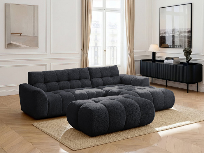 Canapé d'angle fixe JAYA tissu chenille avec pouf