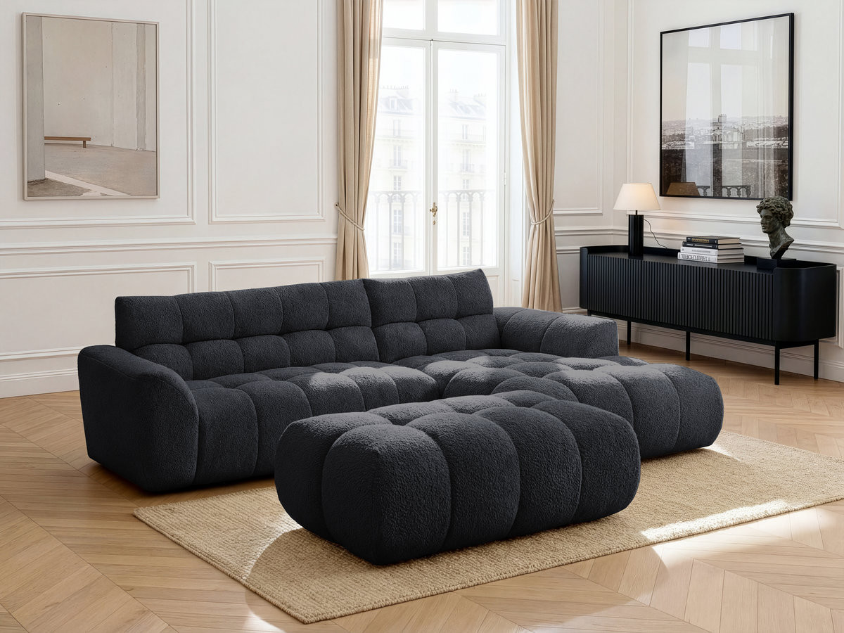 Canapé d'angle JAYA chenille avec pouf noir