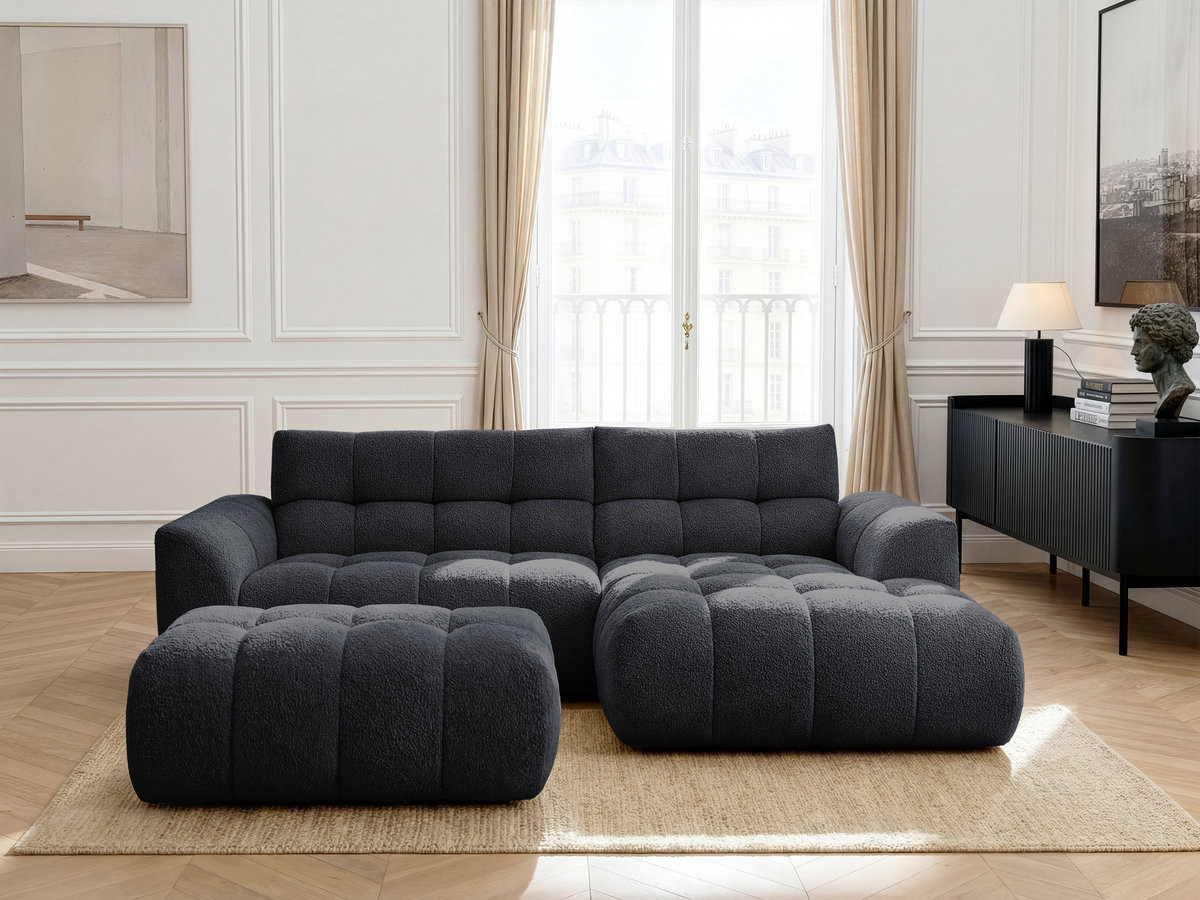 Canapé d'angle JAYA chenille avec pouf noir — vue 4