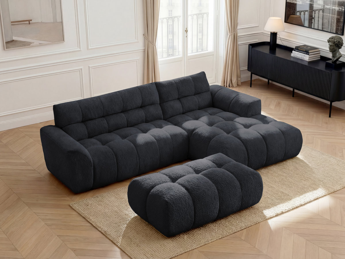 Canapé d'angle JAYA chenille avec pouf noir — vue 5