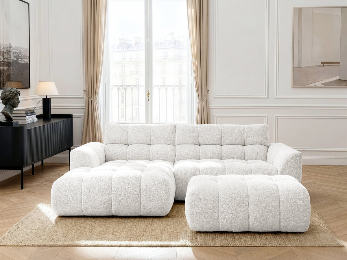 Canapé d'angle JAYA chenille avec pouf blanc — vue 4
