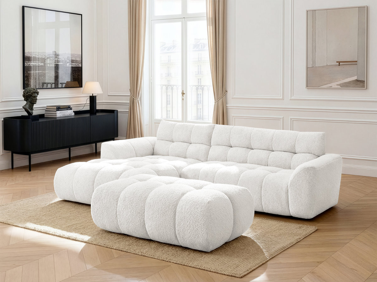 Canapé d'angle fixe JAYA tissu chenille avec pouf