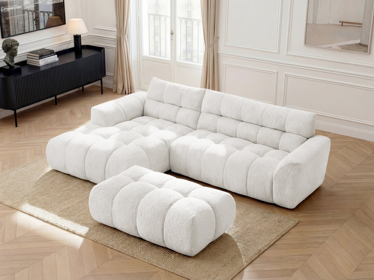 Canapé d'angle JAYA chenille avec pouf blanc — vue 5