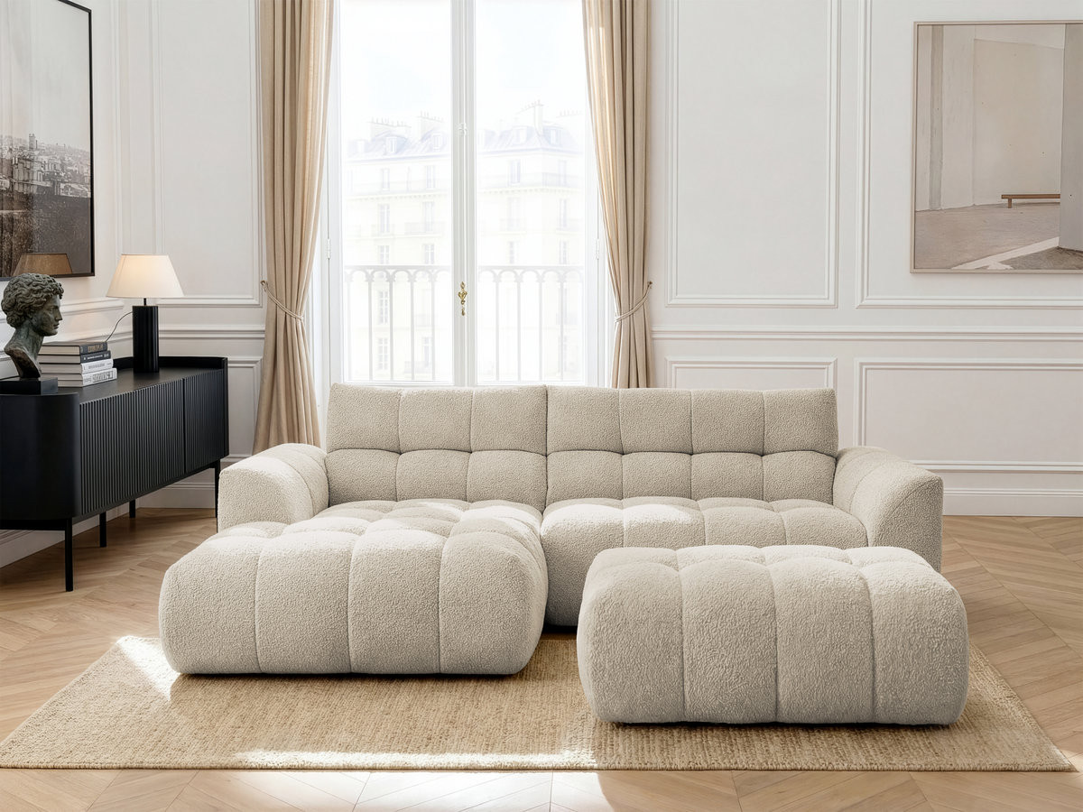 Canapé d'angle fixe JAYA tissu chenille avec pouf