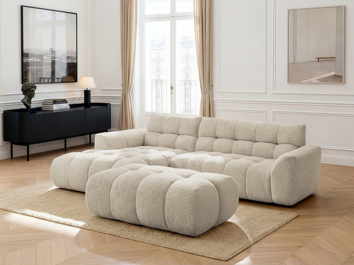 Canapé d'angle fixe JAYA tissu chenille avec pouf