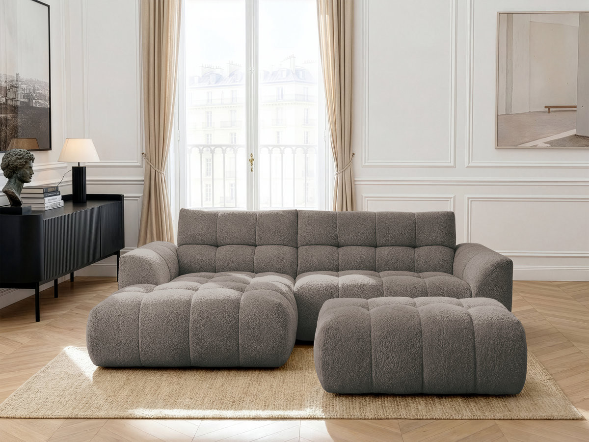 Canapé d'angle fixe JAYA tissu chenille avec pouf