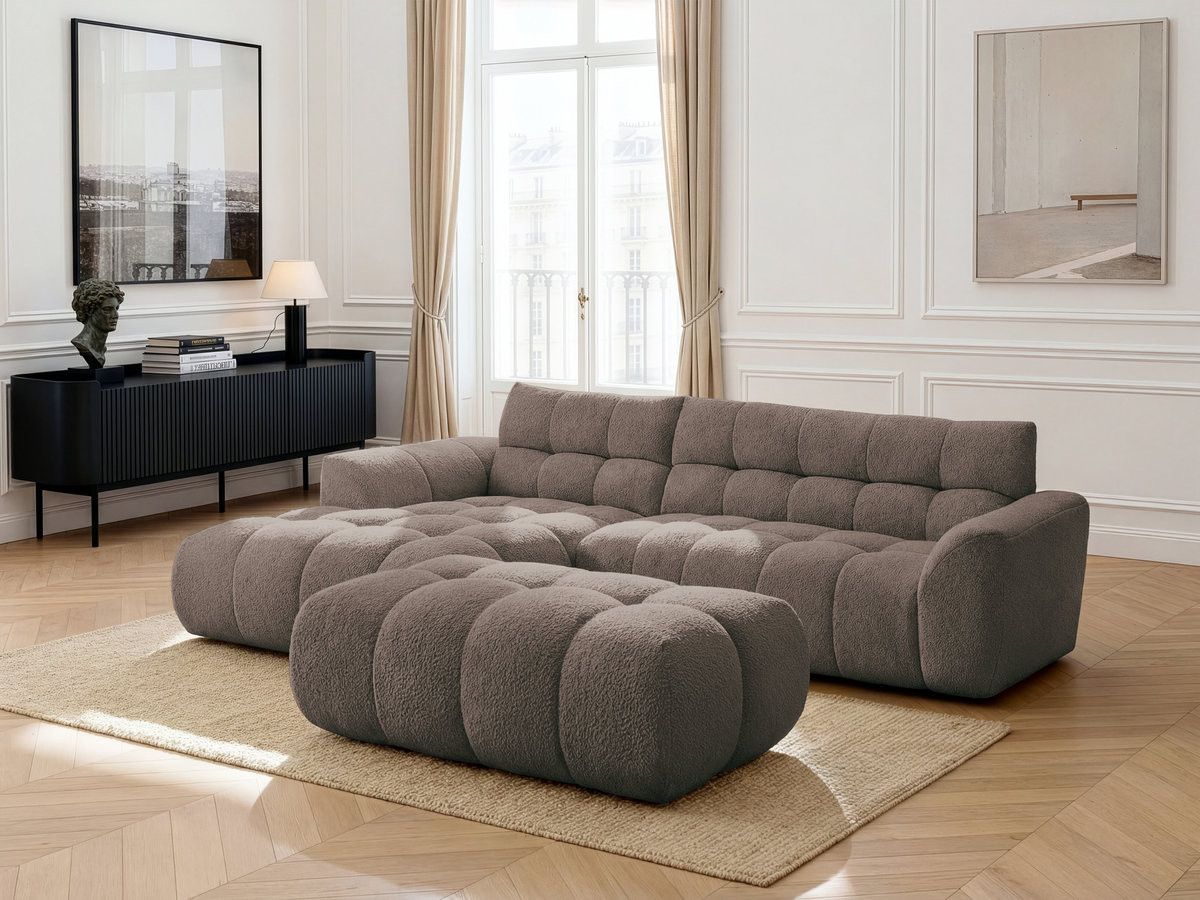Canapé d'angle fixe JAYA tissu chenille avec pouf