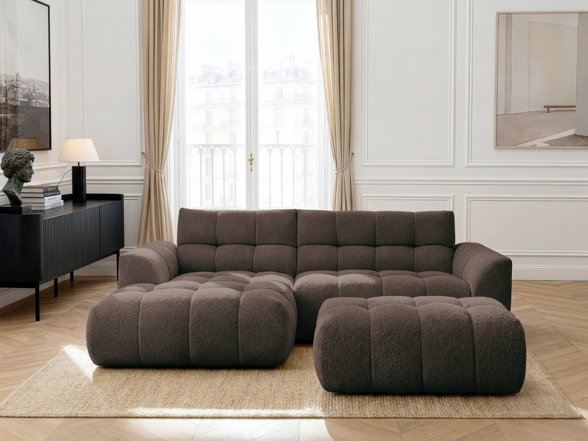 Canapé d'angle fixe JAYA tissu chenille avec pouf