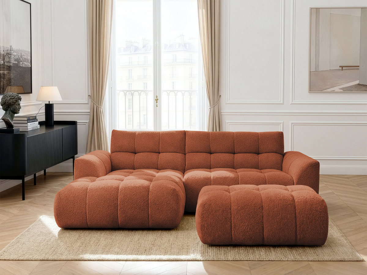Canapé d'angle fixe JAYA tissu chenille avec pouf