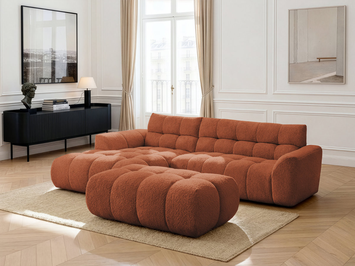 Canapé d'angle fixe JAYA tissu chenille avec pouf