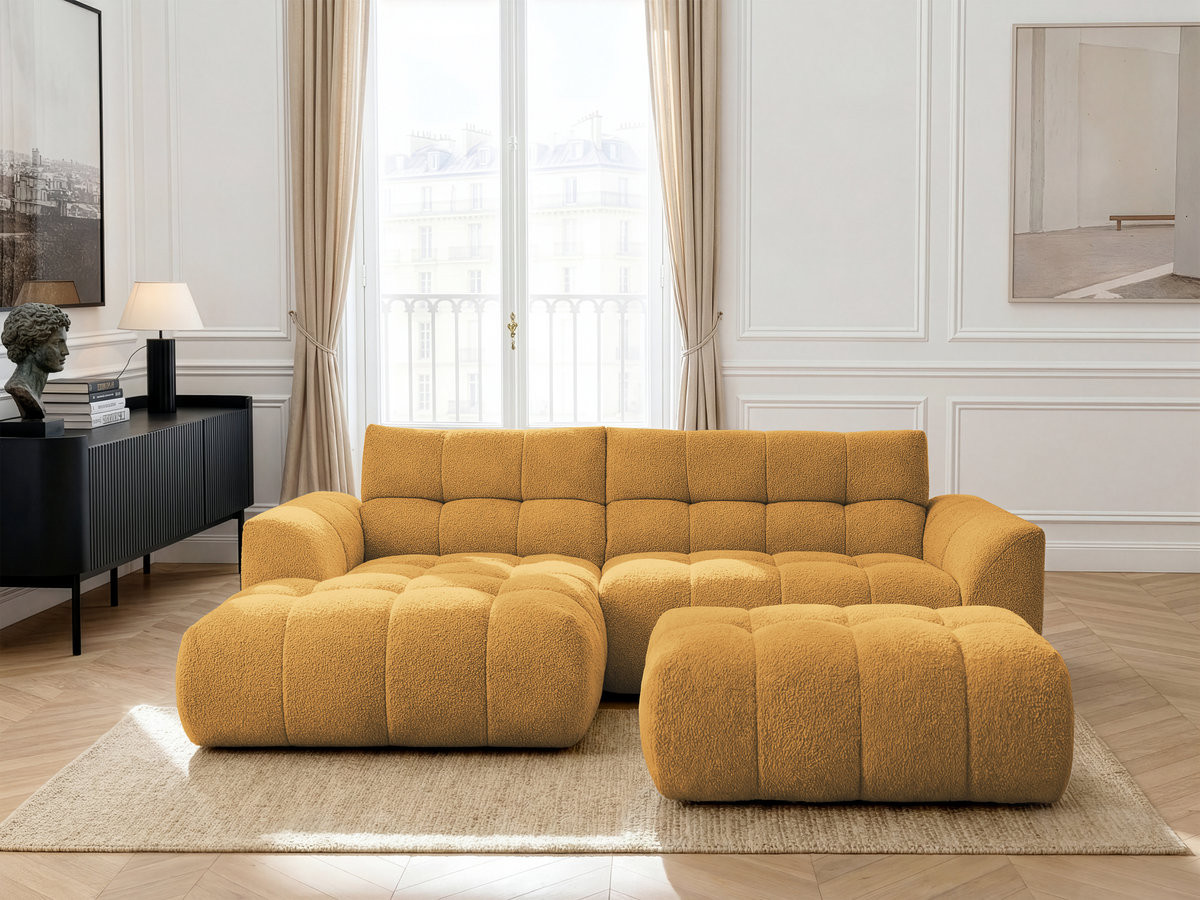 Canapé d'angle fixe JAYA tissu chenille avec pouf