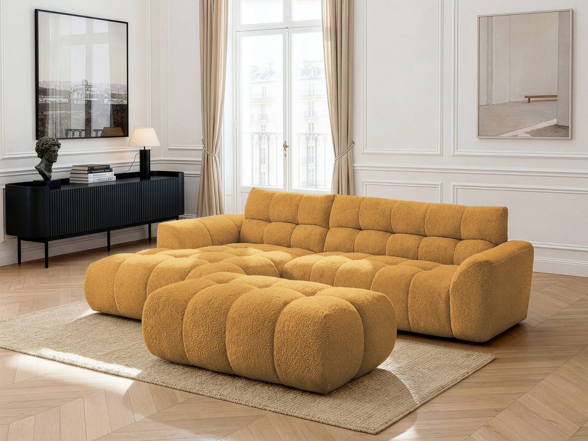 Canapé d'angle fixe JAYA tissu chenille avec pouf