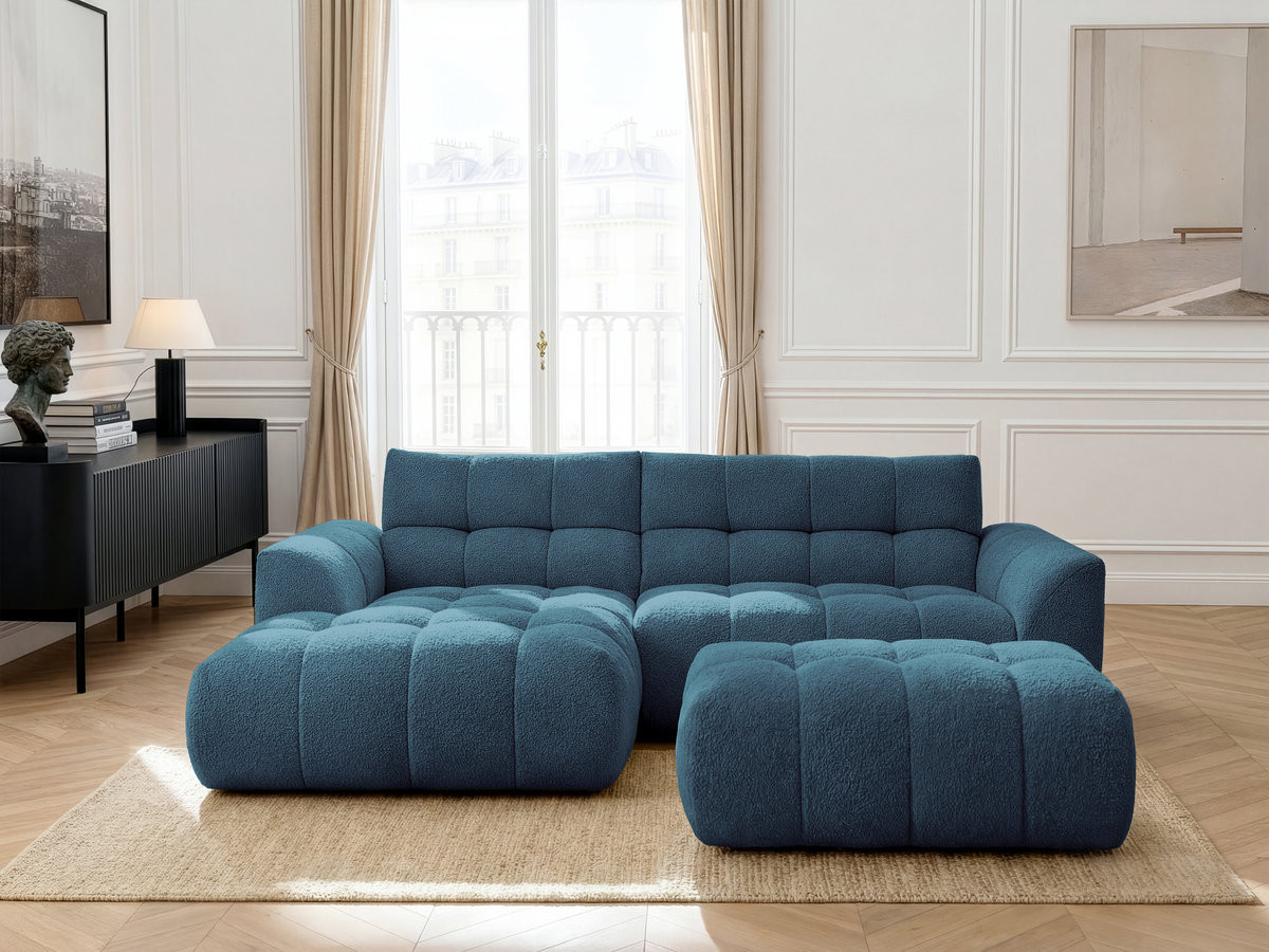 Canapé d'angle fixe JAYA tissu chenille avec pouf