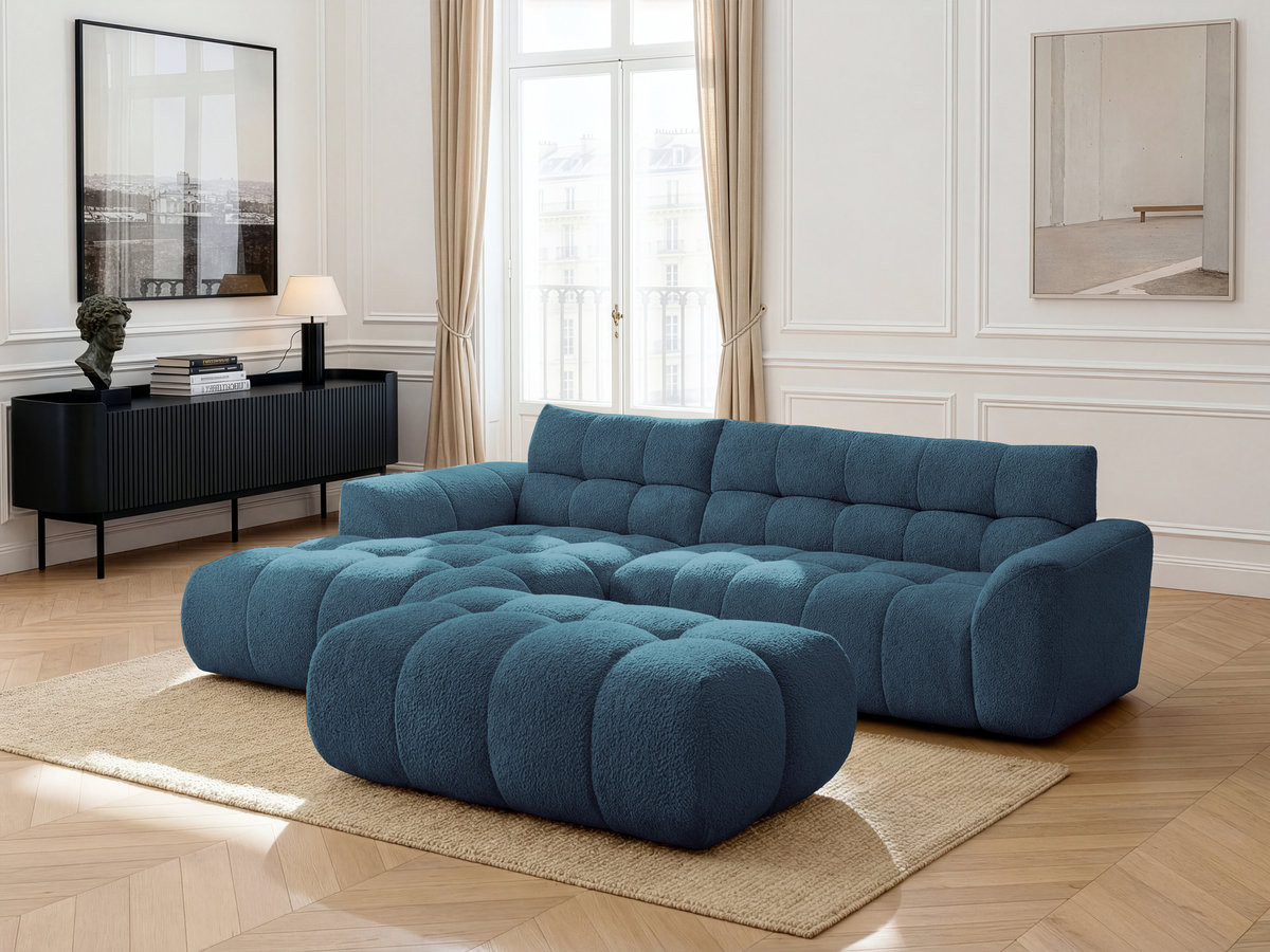 Canapé d'angle fixe JAYA tissu chenille avec pouf