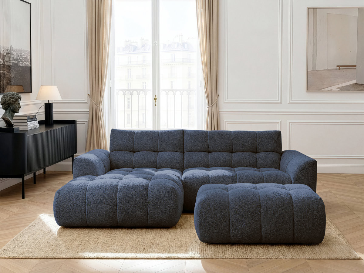 Canapé d'angle fixe JAYA tissu chenille avec pouf
