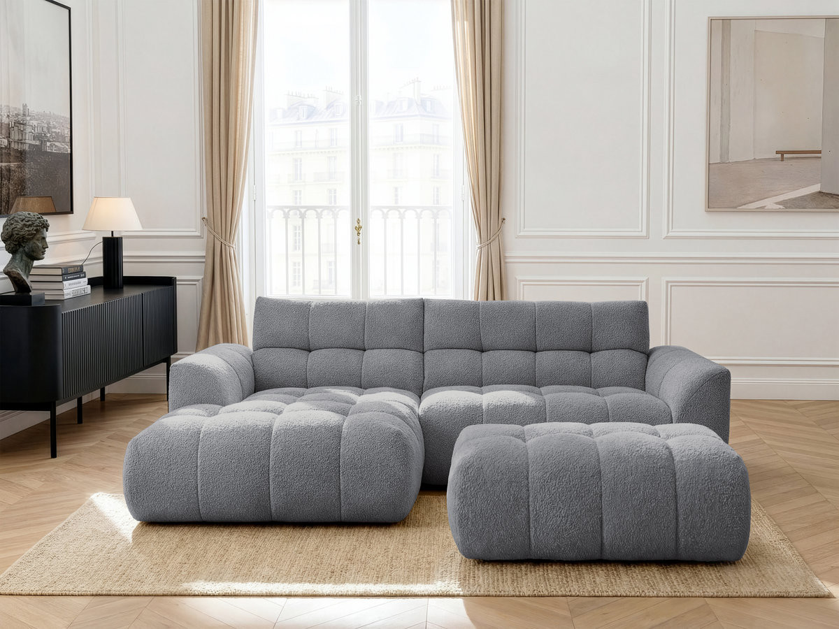 Canapé d'angle fixe JAYA tissu chenille avec pouf