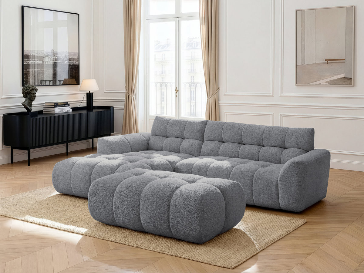 Canapé d'angle fixe JAYA tissu chenille avec pouf
