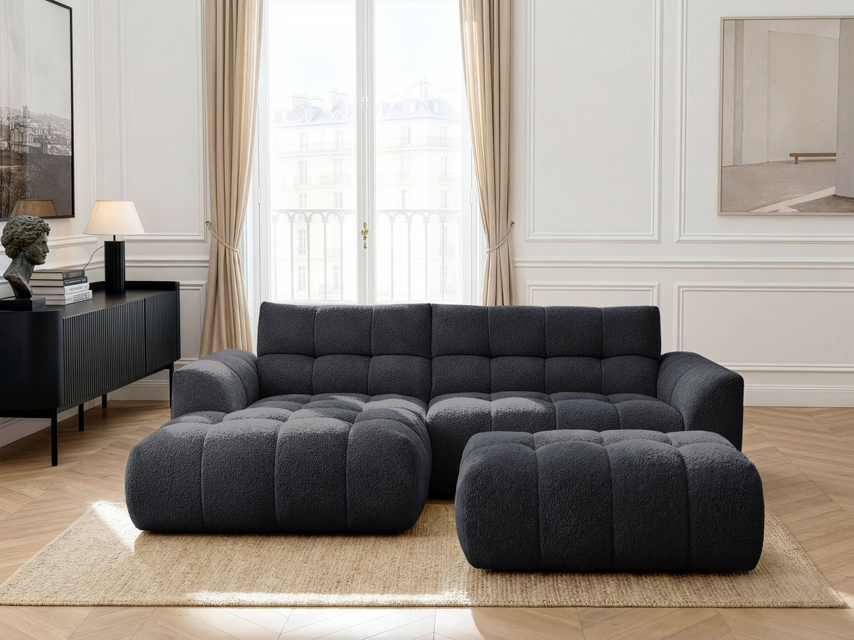 Canapé d'angle fixe JAYA tissu chenille avec pouf
