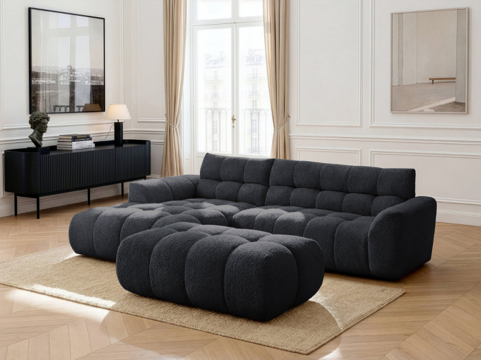 Canapé d'angle fixe JAYA tissu chenille avec pouf