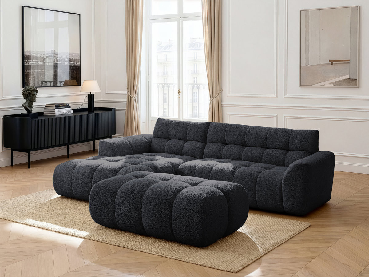 Canapé d'angle fixe JAYA tissu chenille avec pouf