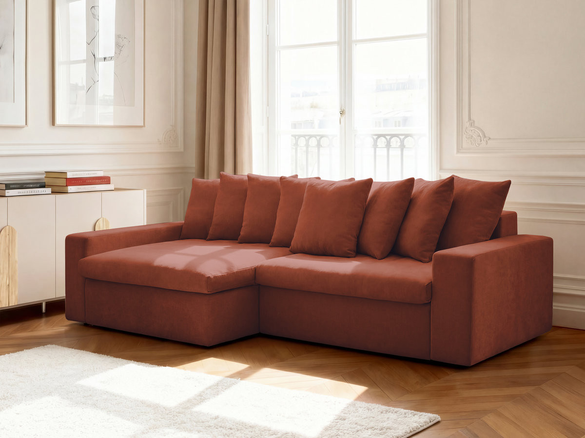 Canapé d'angle fixe ENORE tissu lisse rouge  angle gauche BOBOCHIC 3 places