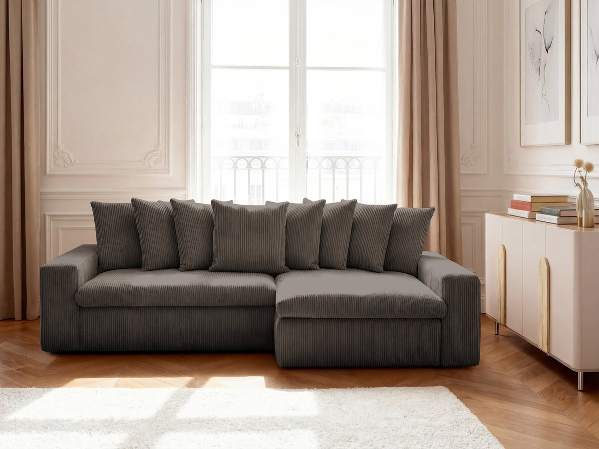 Canapé d'angle ENORE velours côtelé taupe