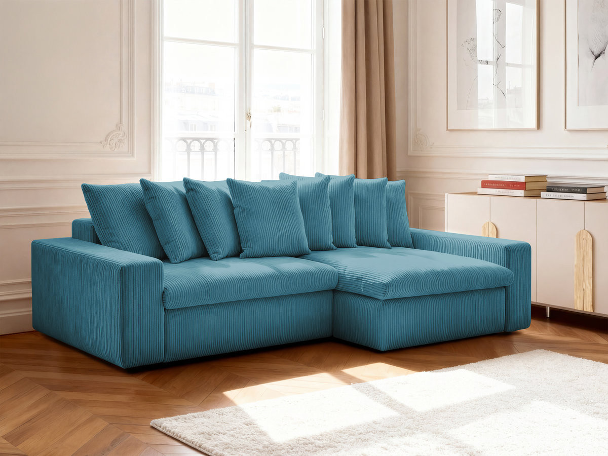 Canapé d'angle ENORE velours côtelé bleu clair
