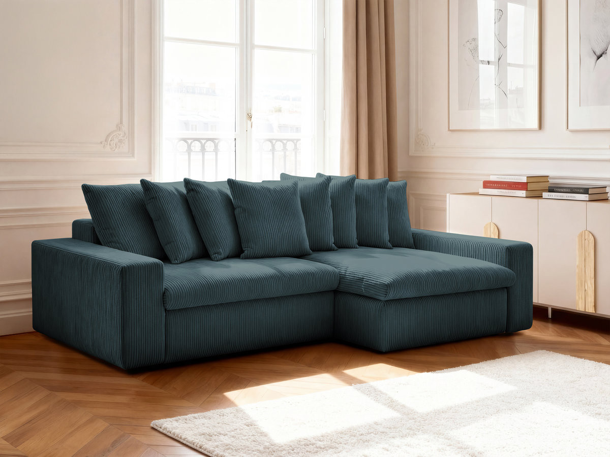 Canapé d'angle ENORE velours côtelé bleu foncé