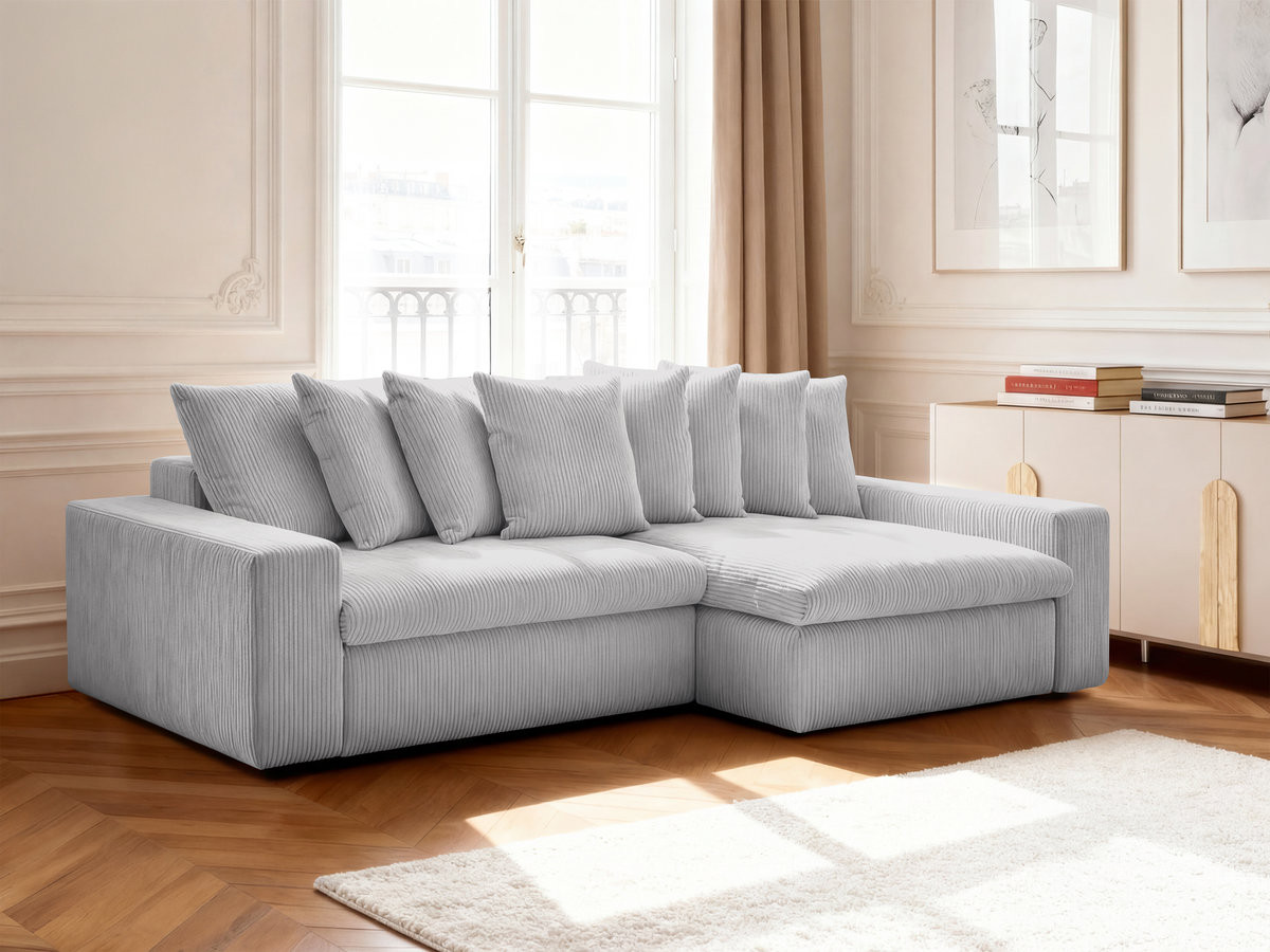 Canapé d'angle ENORE velours côtelé gris clair