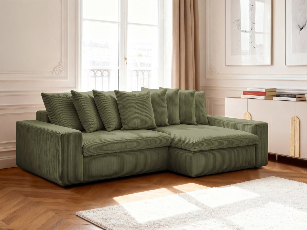 Canapé d'angle ENORE velours côtelé vert clair