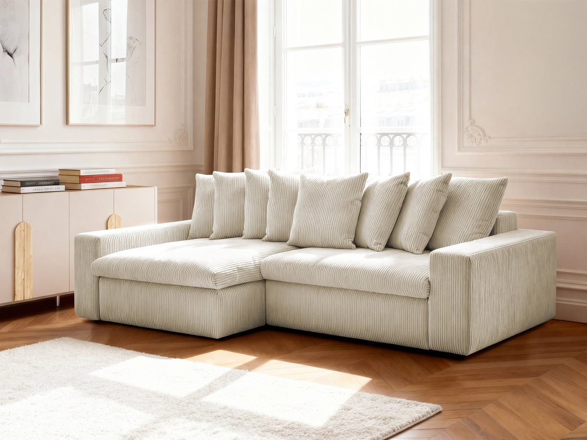 Canapé d'angle fixe ENORE velours côtelé beige angle gauche BOBOCHIC 3 places